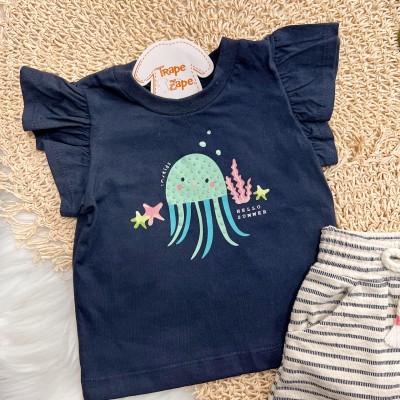 Conj. Blusa Água Viva "Hello Summer" e Short - Marinho e Areia